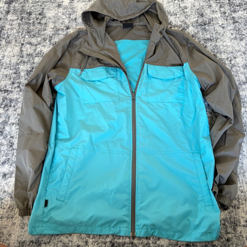 Oakley Windbreaker Jacket Mens Size‎ Medium Teal Grey Colorblock Full Zip Hooded
